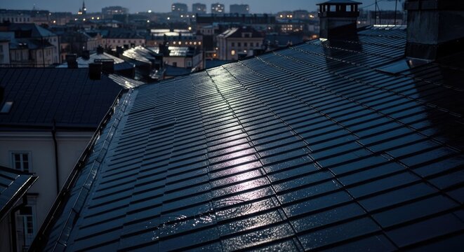 Evening Rooftop View of City Buildings with Chimney and Dark Sky.