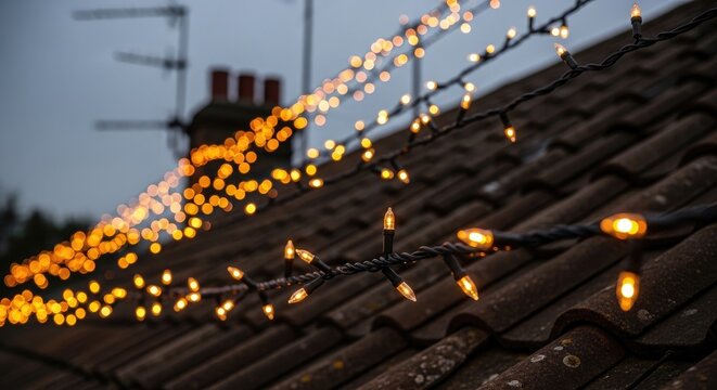 Festive String Lights Illuminate a Rooftop at Dusk, Creating a Warm Glow.