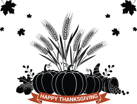 Happy Thanksgiving cornucopia with pumpkins and wheat
