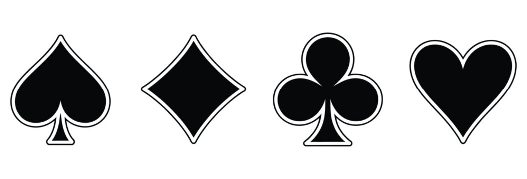 playing card suits icon set, black spade club and red heart diamond symbols, poker and casino gaming concept, simple flat vector artwork isolated on white background.
