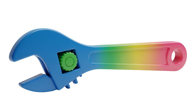 Vibrant adjustable wrench with a colorful rainbow gradient finish isolated on a clean white background for industrial design projects today
