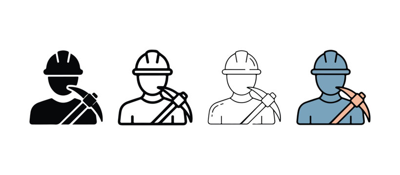 Four different colored miner worker icons with pickaxe on shoulder  isolated on white background
