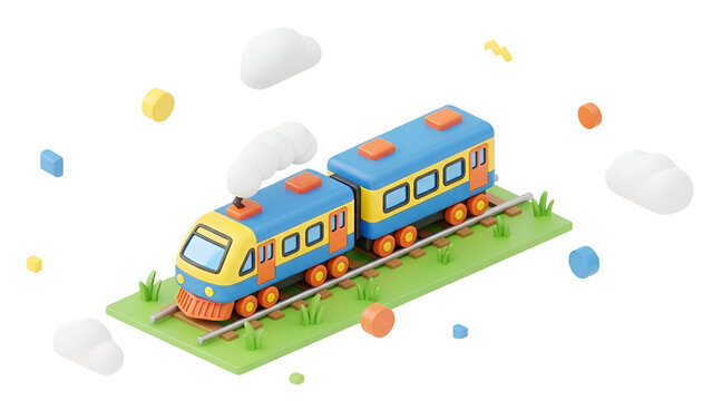 A cute blue and yellow passenger train locomotive traveling along the tracks with fluffy white clouds in the sky
