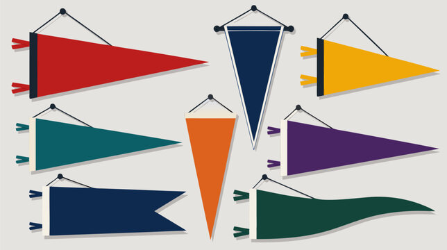 Minimalist blank sports pennant flag hanging on a wall, flat vector illustration of a triangular felt banner for team logos, athletic achievements, and championship decorations.