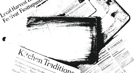Fototapeta premium Black and white textured overlay of overlapping newspapers with visible headlines and text