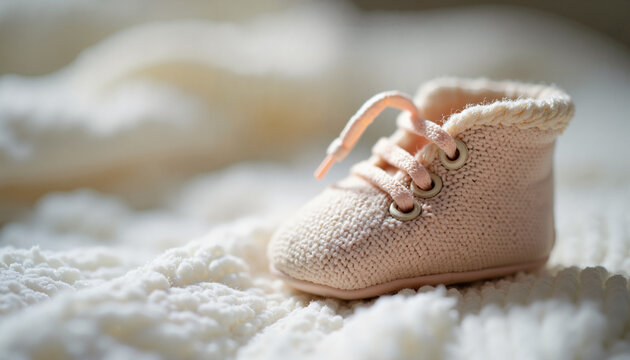 Adorable baby bootie on soft knitted blanket with cozy texture and light pastel color. Baby bootie features gentle fabric, decorative laces, and is placed delicately on fluffy surface.