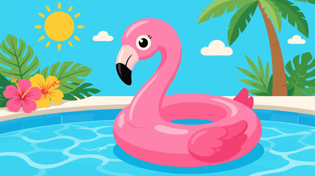 Bright inflatable pink flamingo swimming pool ring, flat vector illustration of a popular summer toy and floatie for pool parties, beach vacations, and relaxing water activities for kids.