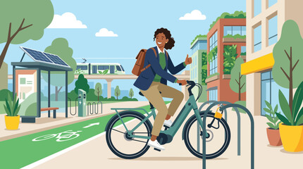 Fototapeta premium Eco-friendly commute: Woman cycling in modern city with solar panel and train