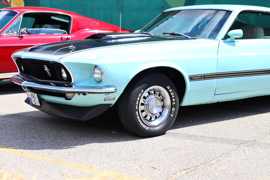 1969 Mach1 Ford Mustang in blue.