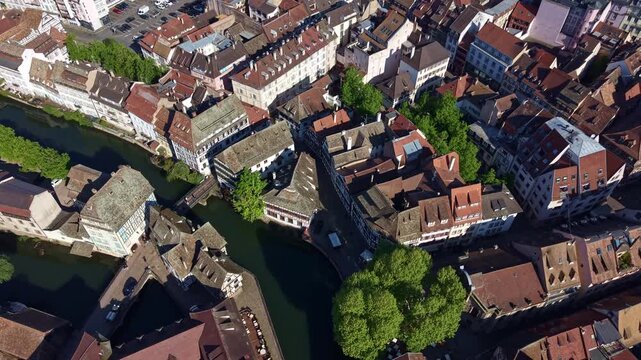 Place Benjamin Zix and Pont du Faisan, Petite France district in historic center of Strasbourg, France. Aerial top-down backward