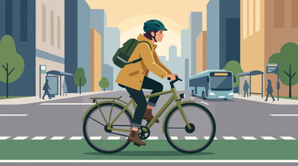 Fototapeta premium Urban cyclist riding bike in city street, healthy lifestyle, sustainable transport