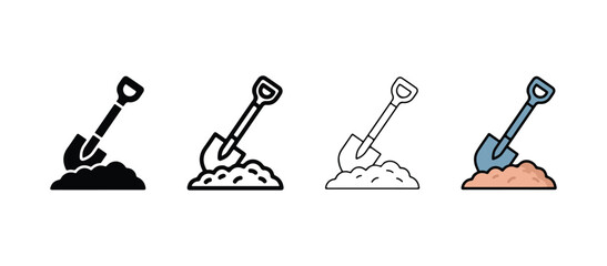 Four different colored shovels on piles of dirt and sand for digging and construction work tools © Rayhan
