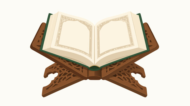 A flat vector illustration of an open Quran with ornate decorative border pages resting on an intricately carved dark wooden rehal book stand on a light background, ideal for Islamic faith and cultura