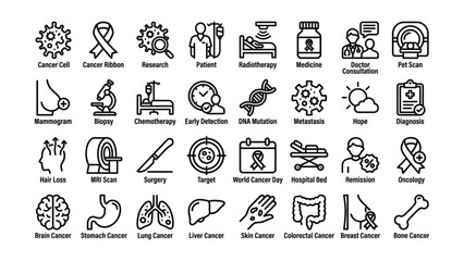 Fototapeta premium Cancer awareness icons set including cells ribbons research patient treatment and various types of cancer medical symbols for health and oncology