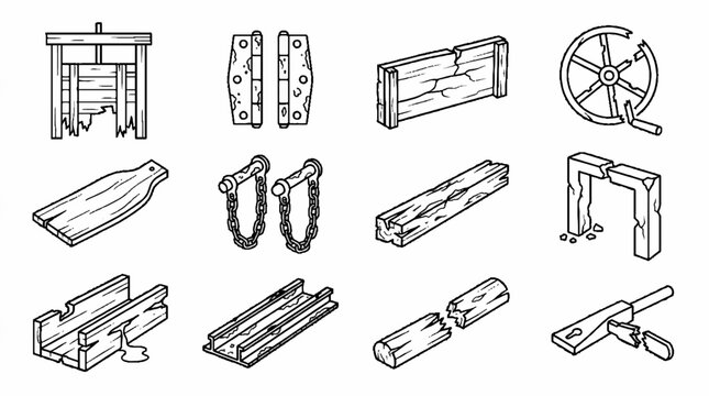 Collection of medieval wooden objects and broken farm equipment line art illustrations.