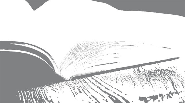Open book with pages fanned out on a textured wooden surface rendered in a stark grayscale contrast style
