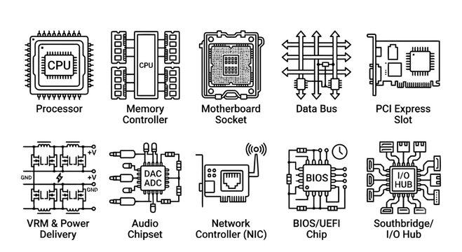Computer Hardware Components Line Art Vector Set
