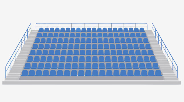 A clean flat vector illustration of rows of colorful empty stadium bleacher seats viewed from a low angle, perfect for sports event promotions, stadium branding, and ticketing design projects.