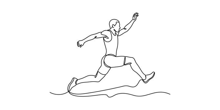 Continuous line drawing of a long jumper athlete in action.
