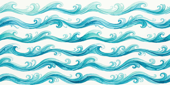 Seamless watercolor blue ocean waves pattern with blue tone watercolor nautical abstract repetitive painting illustration backdrop creative decoration wallpaper artistic gradient seamless