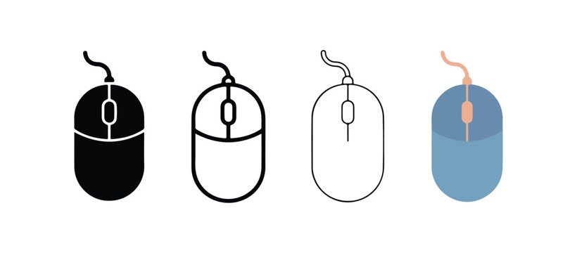 Four different computer mouse icons in various colors and line styles on a plain white background for technology and design use  computer  mouse  icons