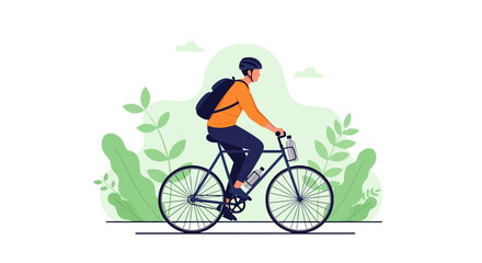 Fototapeta premium Man riding a bicycle with a backpack on a path.