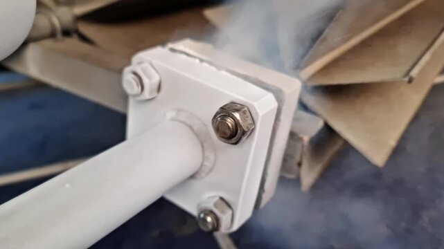 Sidoarjo, Indonesia - 26 June, 2026: Industrial Pipe Flange Leak: Freezing Vapor and Steam Escaping from Frosted Metal Joint Connection in Manufacturing Plant