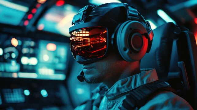 Futuristic aviator in a cutting edge cockpit wearing a virtual reality headset surrounded by a sophisticated control panel showing data