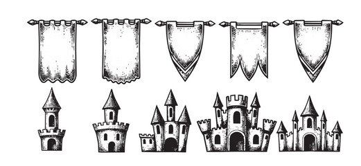 Medieval Castle Towers and Banners Set Hand Drawn Vector Illustration. © Kimtan