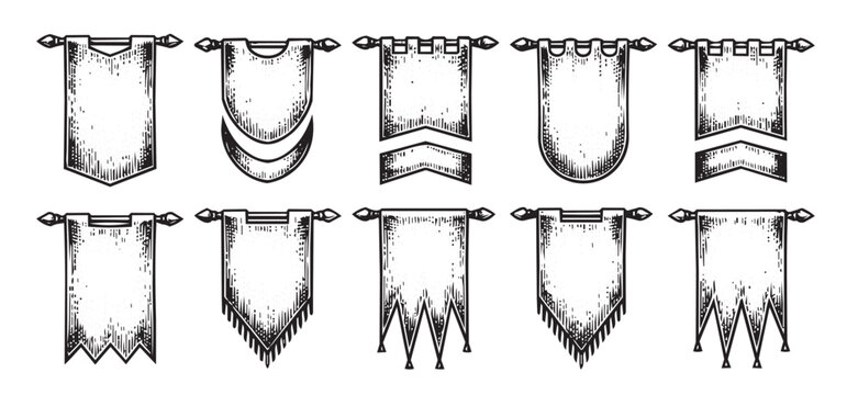 Collection of Medieval Banners and Pennants Hand Drawn Sketch.