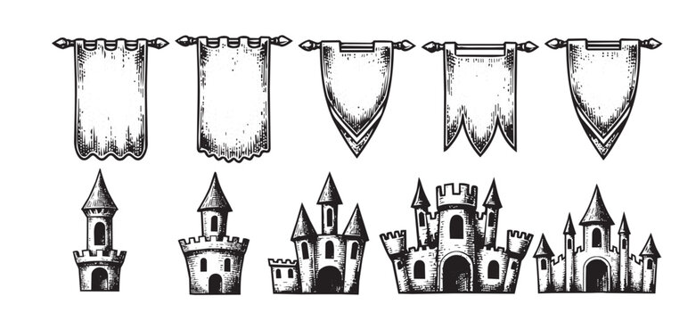 Medieval Castle Towers and Banners Set Hand Drawn Vector Illustration.