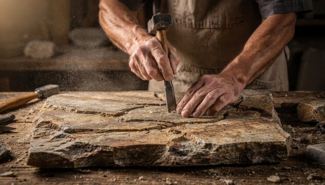 Craftsman shaping rusticedged memorial plaque with chisels highlighting weathered texture and natural stone patterns.