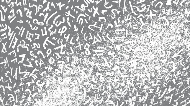 White abstract characters and symbols scattered across a textured gray background