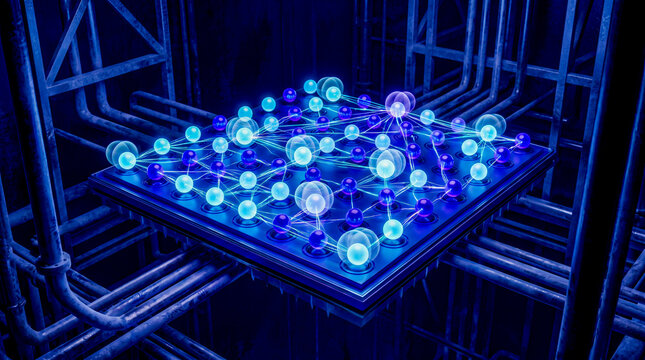 Quantum processor qubit spheres entanglement links superposition cold blue violet, concept