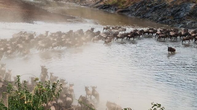 Wildebeest and zebra herd crossing river during the great migration