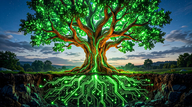 Tree organic canopy above circuit trace root system below energy flows junction, green tech
