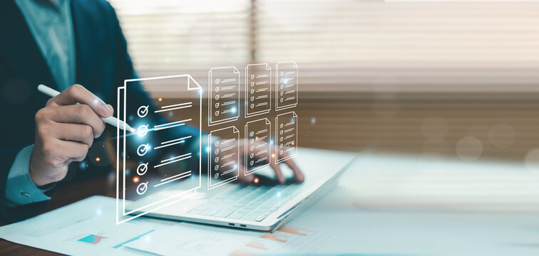 Digital document management and online checklist concept featuring task verification, compliance audit, workflow automation, electronic records, project tracking, and business process management