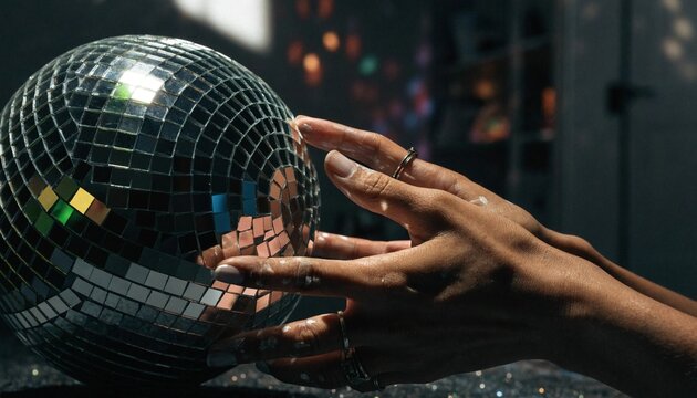 Artistic hands gently touching a glittering silver disco ball, reflecting shimmering light and mirror patterns in a creative studio setting, symbolic of celebration, dance, and vibrant nightlife.