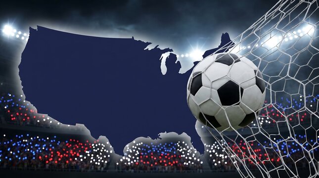 soccer ball in goal net with usa map background