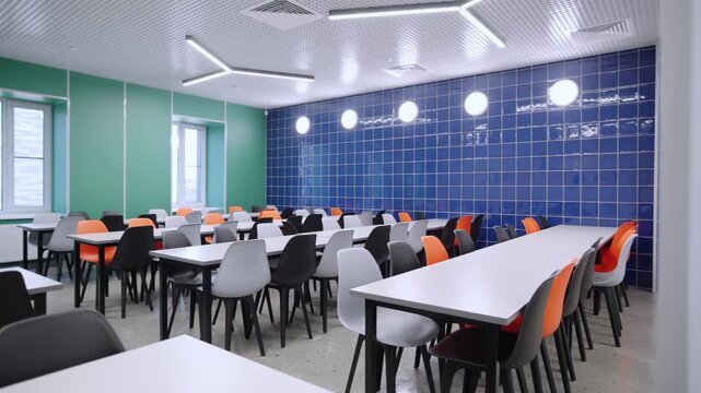 School cafeteria features empty furniture sets under stylish ceiling lamps. Colorful interior design promotes lively lunch hour atmosphere