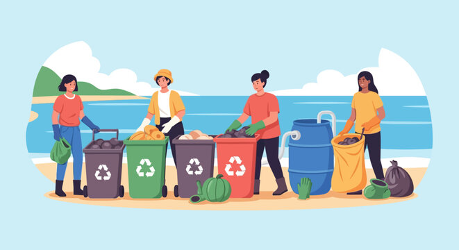 People cleaning beach and sorting trash into recycling bins.