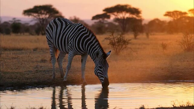 Solitary burchell's zebra drinking from a watering hole in a beautiful african landscape, with the warm, golden light of sunset reflecting on the water and the savanna in the background