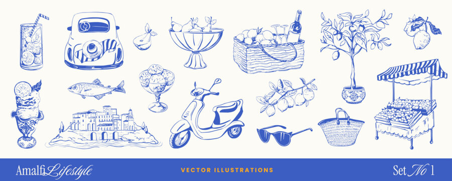 Amalfi coast summer doodle sketch icons with wine, lemons, ice cream and Italian food elements. Hand-drawn sea French vacation vintage rest vector art for menu, beach party and invitation card design