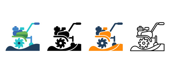 Fototapeta premium Land Tilling Icon with Tiller Soil Agriculture, Farming and Cultivation Symbols in Flat, Silhouette, Outline and Glyph Design