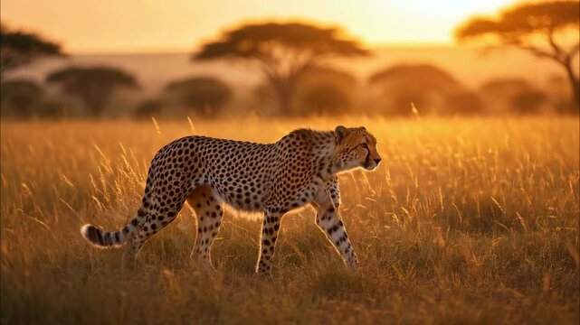 Elegant cheetah walking slowly through the tall golden grass of the african savannah, backlit by the warm, beautiful light of a stunning sunset with acacia trees in the background