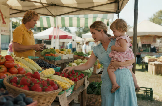 Woman holding toddler picking fresh vegetables and fruits at outdoor farmers market, warm natural light warm urban life documentary photography material