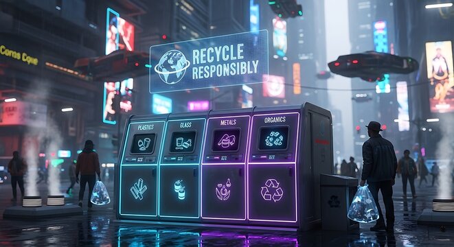 Futuristic neon city street with recycling bins at night.