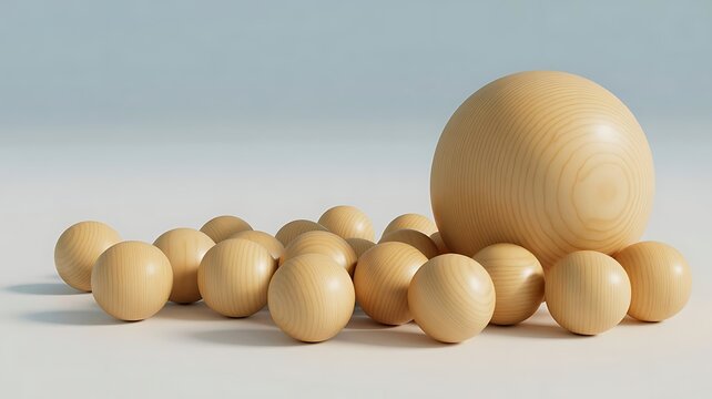 A collection of natural wood spheres of varying sizes scattered on a light surface with a soft blue background