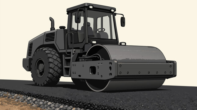 Detailed dark gray road roller compactor machine flattening a fresh asphalt road surface, flat vector illustration for construction, engineering and infrastructure industry themes.