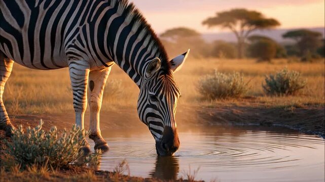 Lone zebra bending down to drink from a tranquil watering hole in the african savanna, with the warm golden light of the setting sun illuminating the serene wildlife scene and its reflection